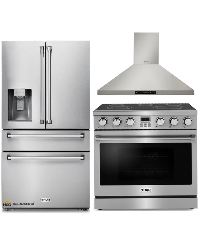 Thor Kitchen A-Series 4-Piece Appliance Package - 36-Inch Electric Range, Wall Mount Range Hood, Refrigerator with Water Dispenser, and Dishwasher in Stainless Steel