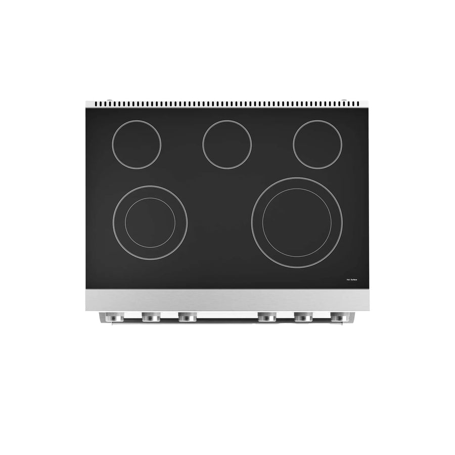 Thor Kitchen A-Series 4-Piece Appliance Package - 36-Inch Electric Range, Wall Mount Range Hood, Refrigerator with Water Dispenser, and Dishwasher in Stainless Steel