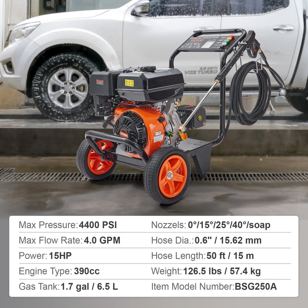 VEVOR Gas Pressure Washer, 4400 PSI 4.0 GPM, Gas Powered Pressure Washer with Copper Pump, Spray Gun and Extension Wand, 5 Quick Connect Nozzles, for Cleaning Cars, Homes, Driveways, Patios